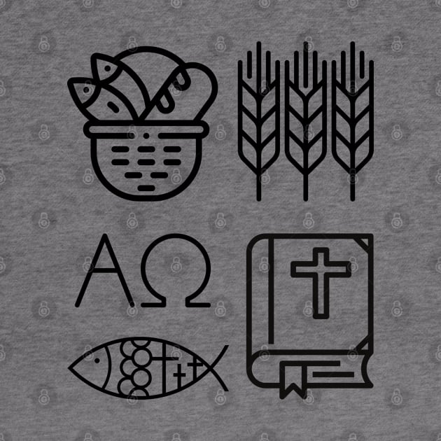 Black and White Christian Symbols Alpha, Omega, Wheat, Harvest, Bible, Fish, Bread by Mission Bear